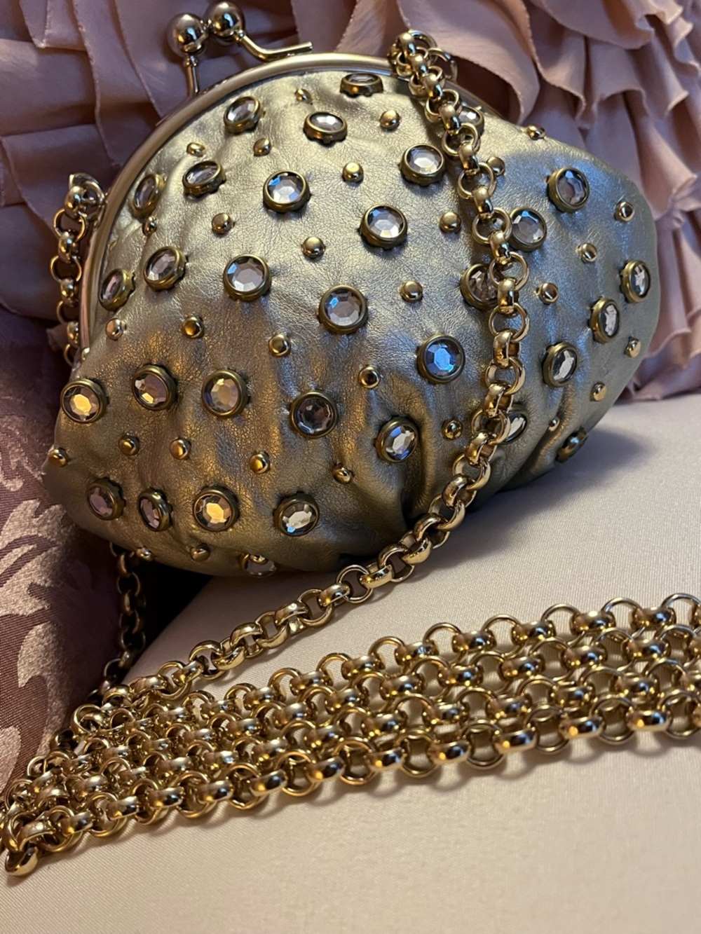 Kathy Van Zeeland Gold Kiss Lock Jeweled Crossbody Bag, EUC